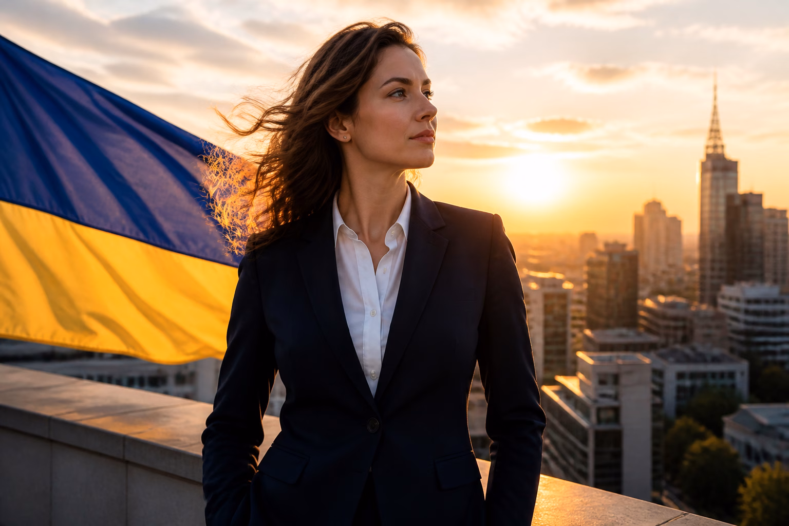 Впевнена жінка на тлі міського заходу сонця, що символізує лідерську енергетику імені Олександра