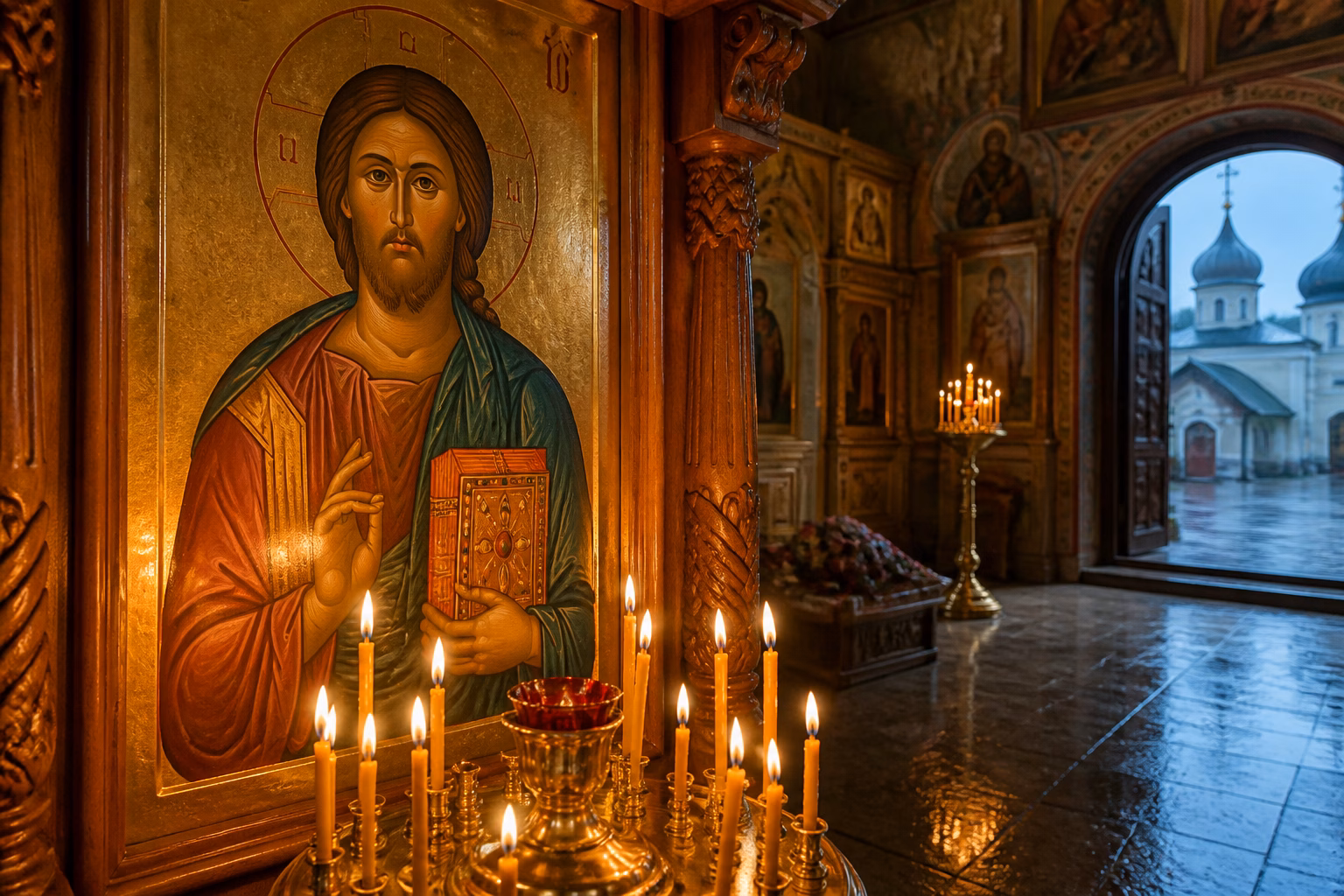 Інтер’єр церкви зі свічками та іконою, що символізує вік Христа