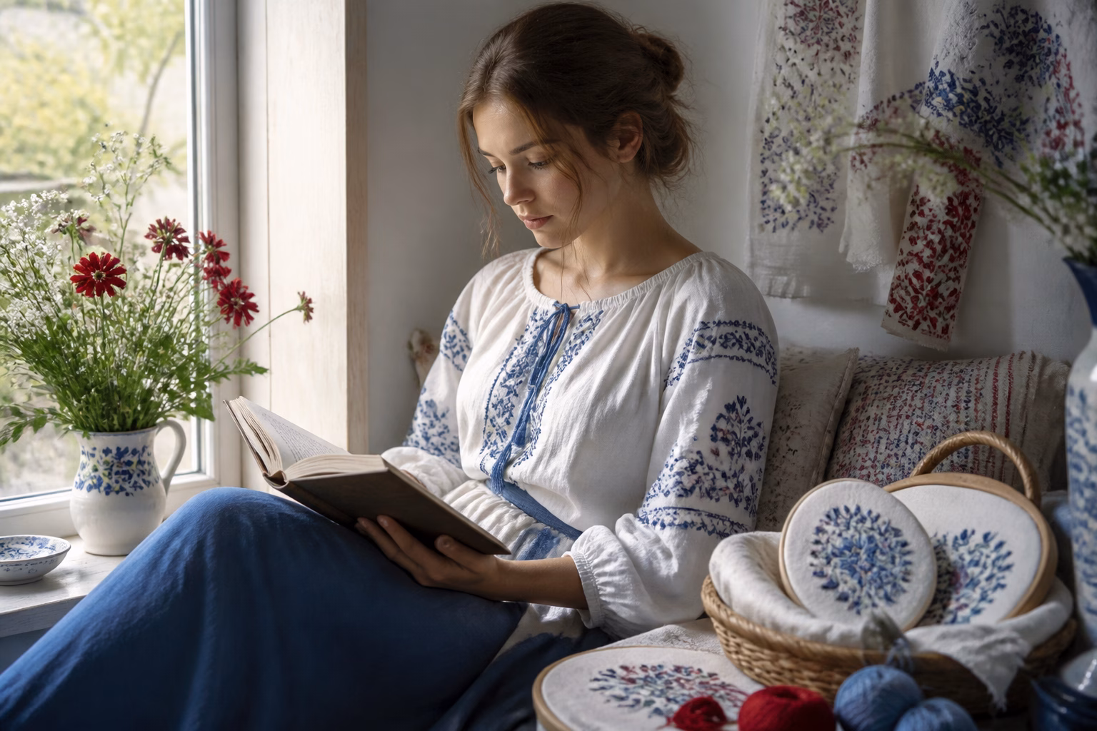 Дівчина читає книгу біля вікна