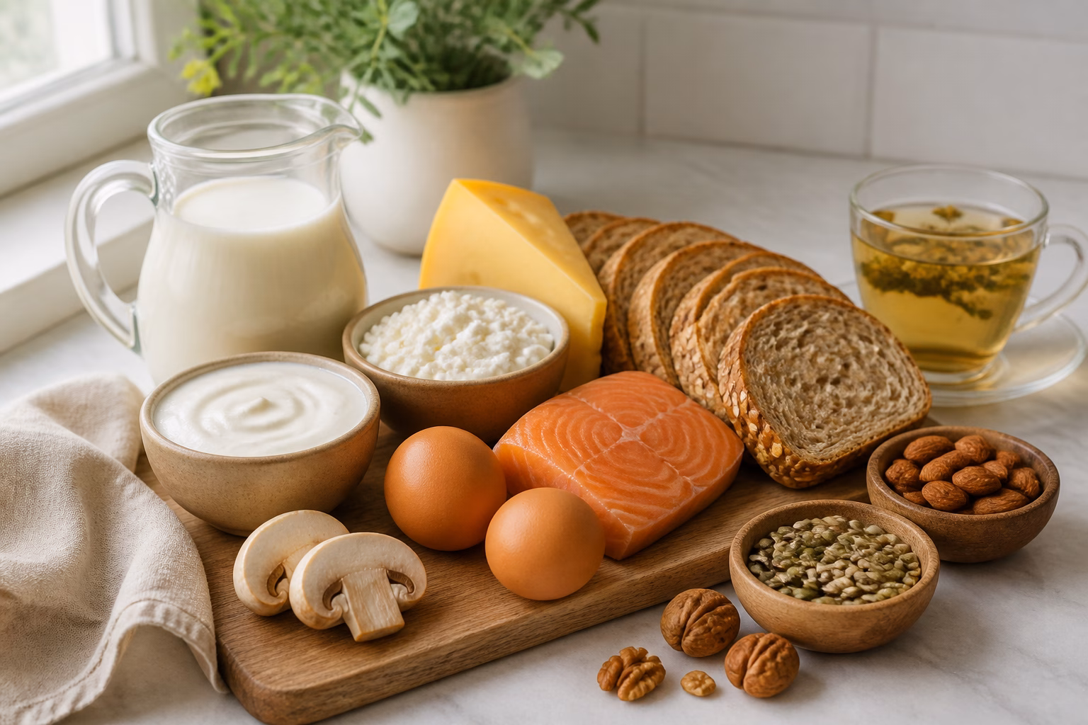 Продукти, багаті на вітаміни групи B і D, на кухонному столі