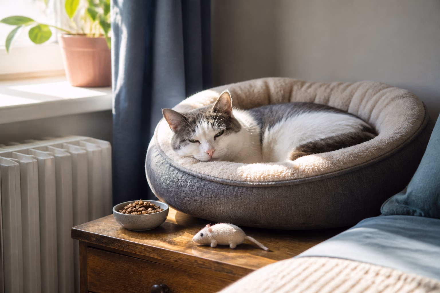 Затишний котячий лежак із кішкою, яка спить на своєму місці