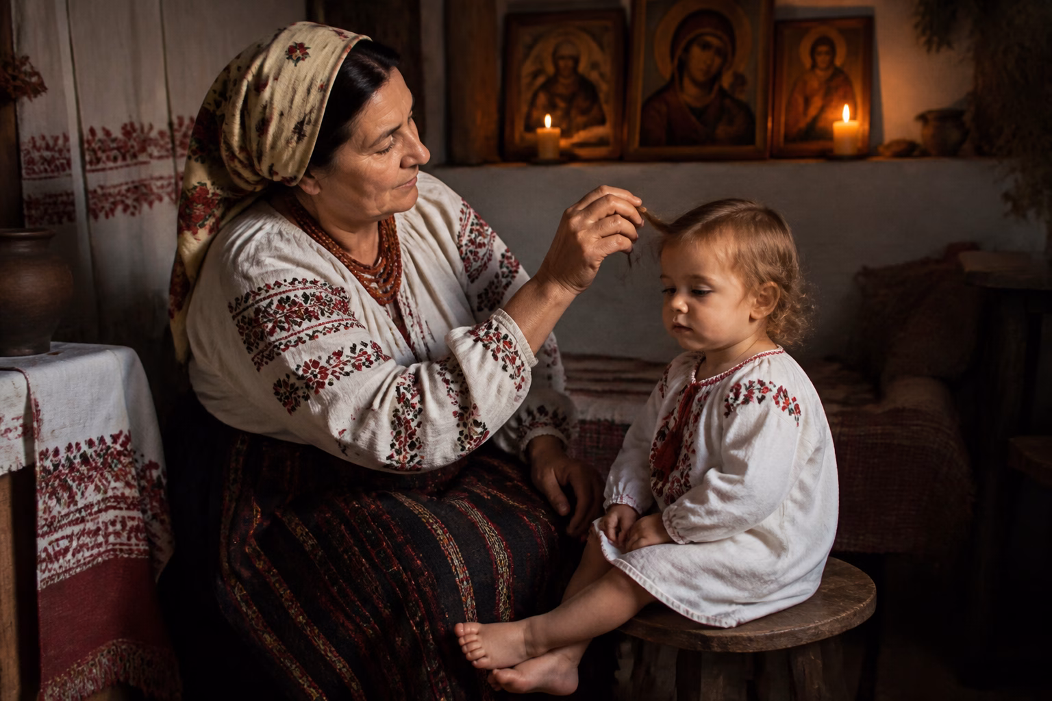 Жінка в традиційному вбранні тримає локон дитини, відтворюючи обряд пострижин.