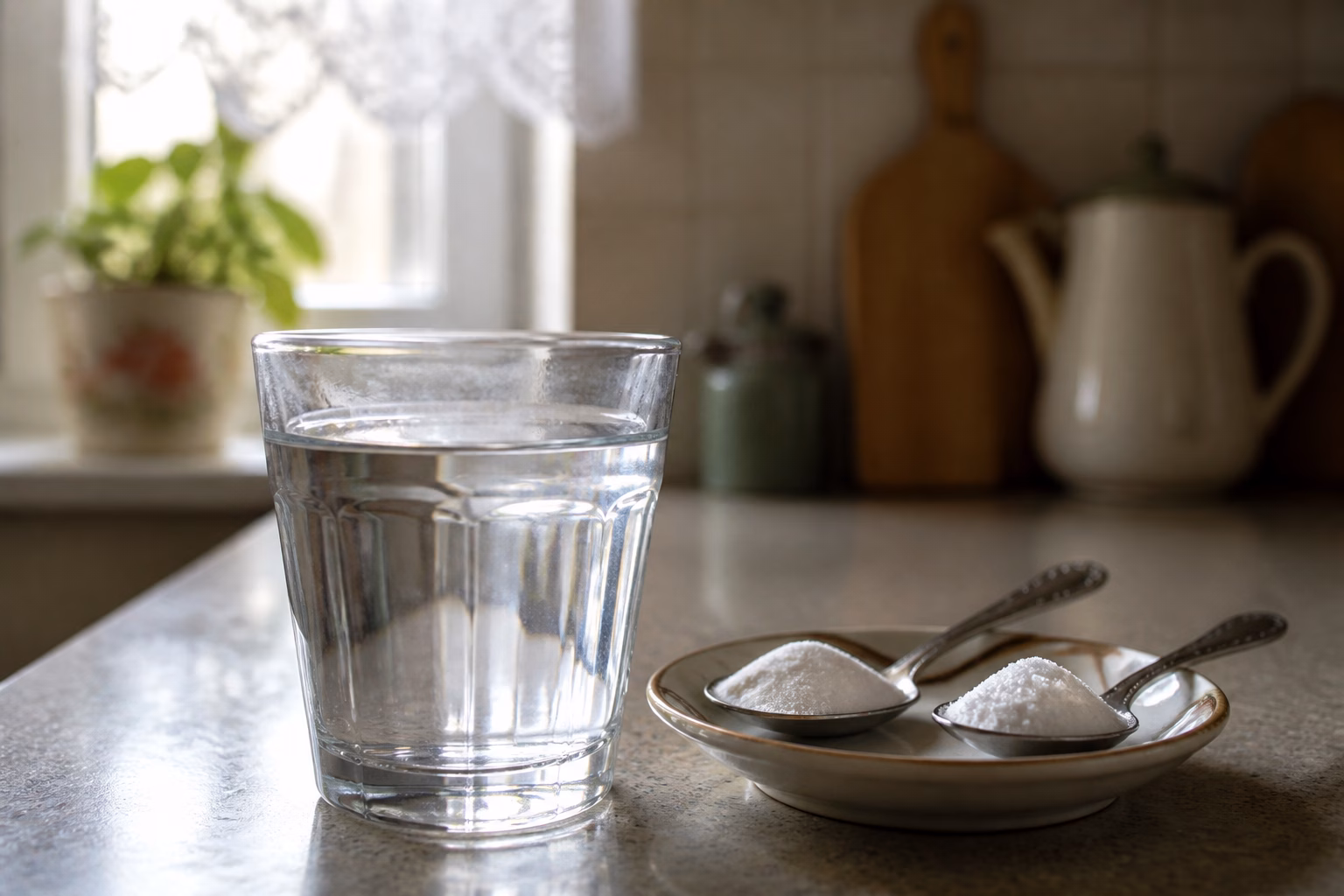 Склянка теплої води з сіллю та содою для полоскання горла дитині