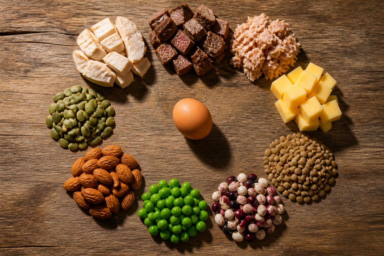 Десять продуктів-рекордсменів за вмістом білка, викладених на дерев'яній поверхні