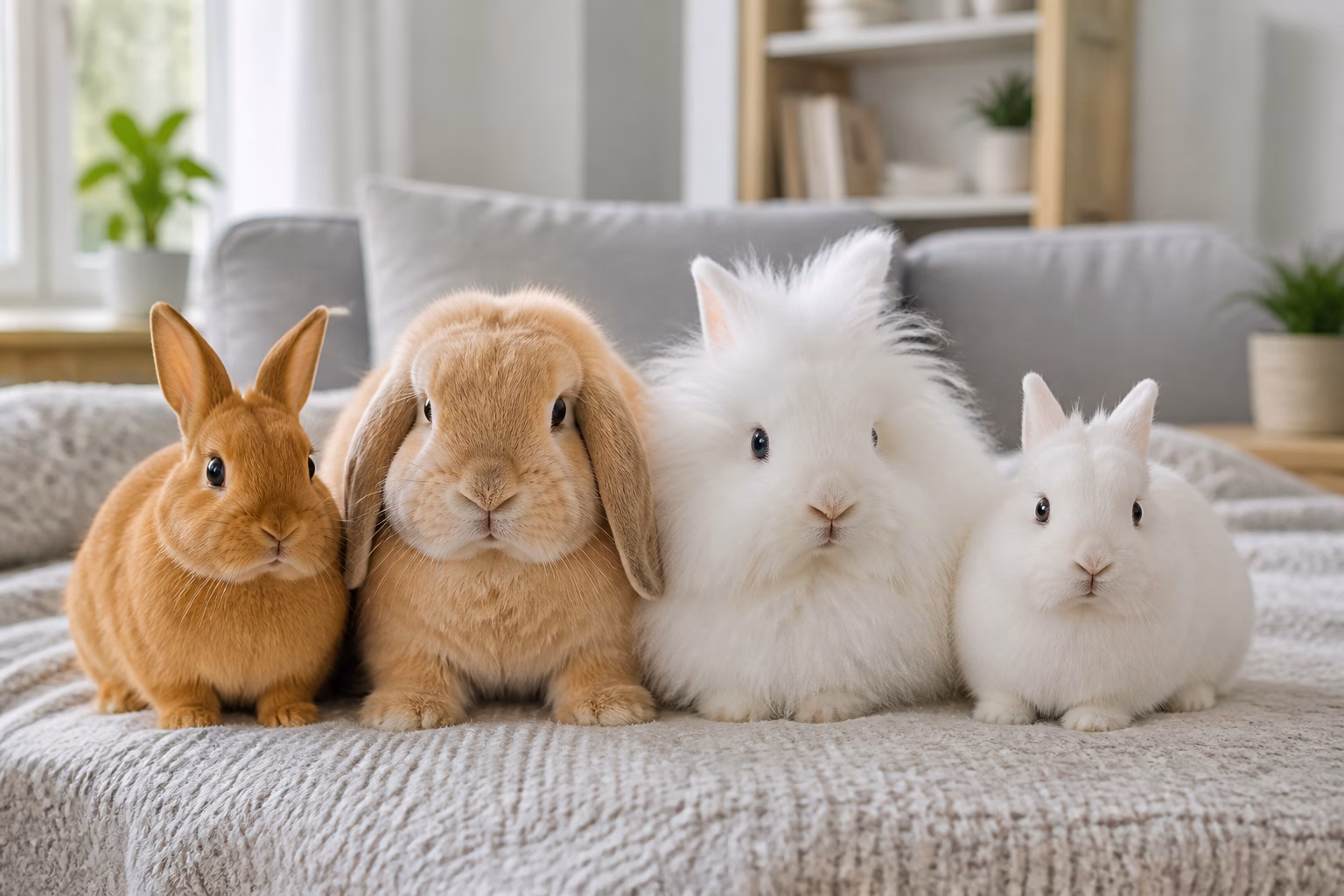 Чотири породи декоративних кроликів на світлому пледику у вітальні