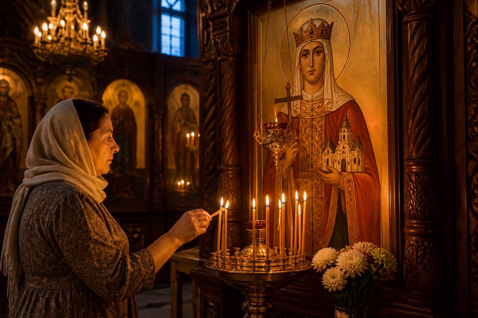 Жінка запалює свічку біля ікони в православному храмі