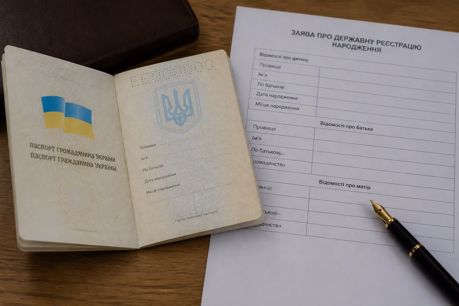 Відкритий український паспорт і свідоцтво про народження на столі