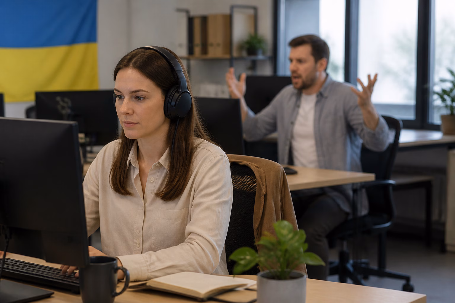 Жінка в офісі ігнорує колегу-енергетичного вампіра, зберігаючи спокій