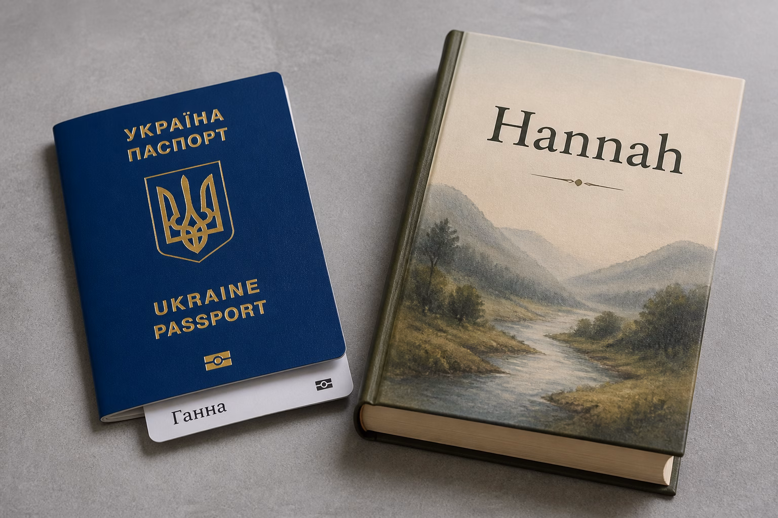 Український паспорт з іменем Ганна та англійська книга з іменем Hannah