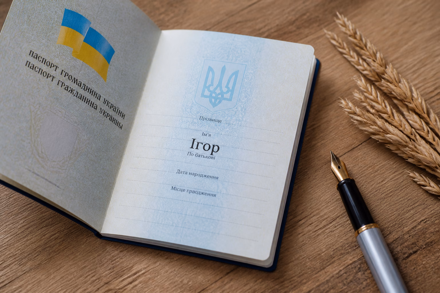 Український паспорт з іменем Ігор на столі, поруч ручка та колосок