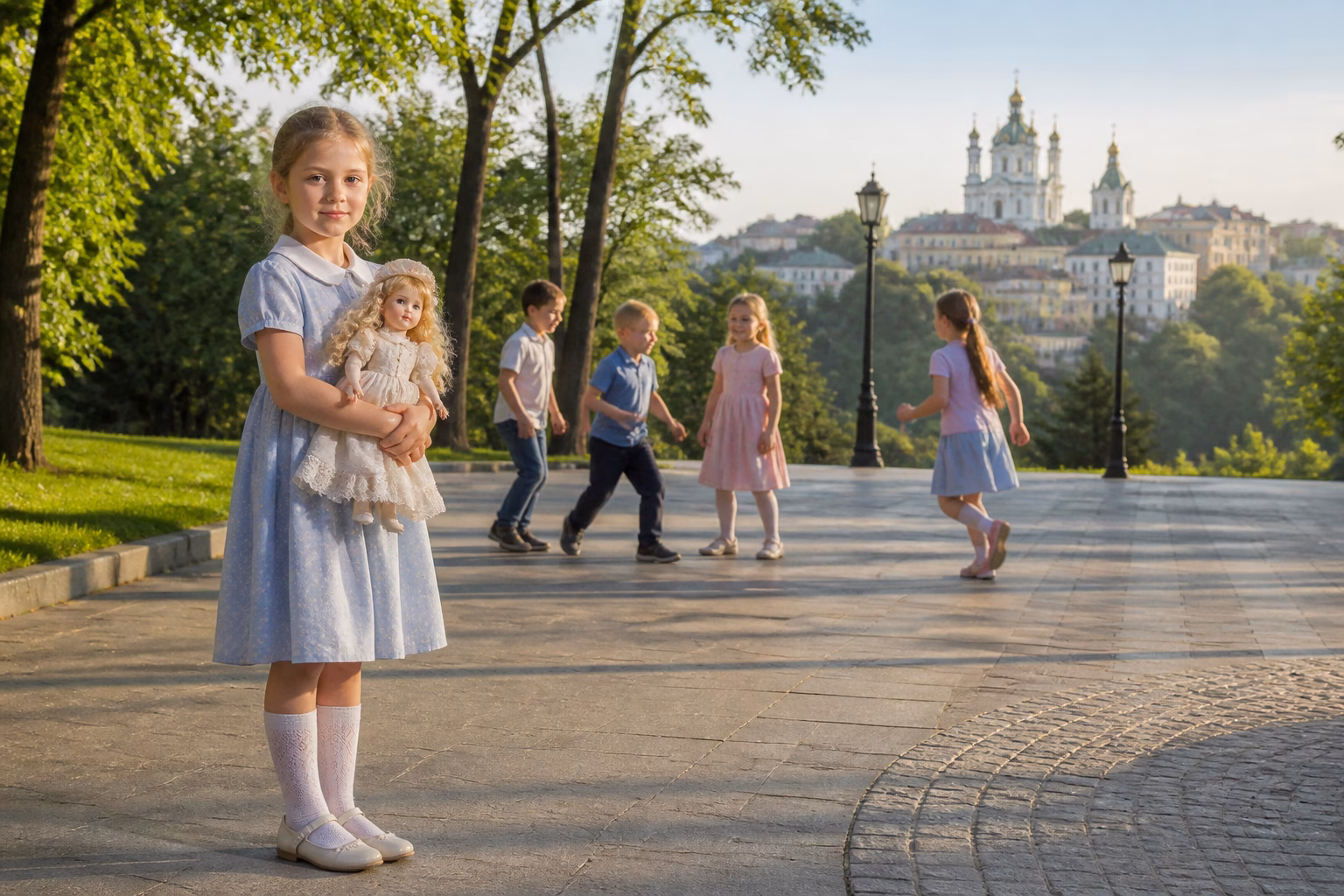 Маленька дівчинка Алла з лялькою, впевнено дивиться в камеру, окремо від інших дітей у парку