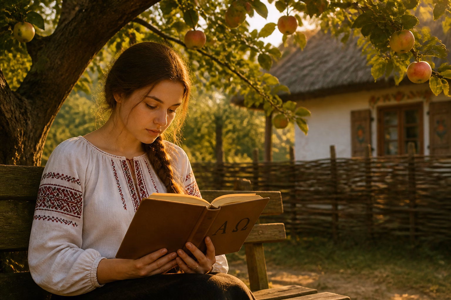 Молода жінка під яблунею з книгою, що символізує давньогрецьке коріння імені Ірина