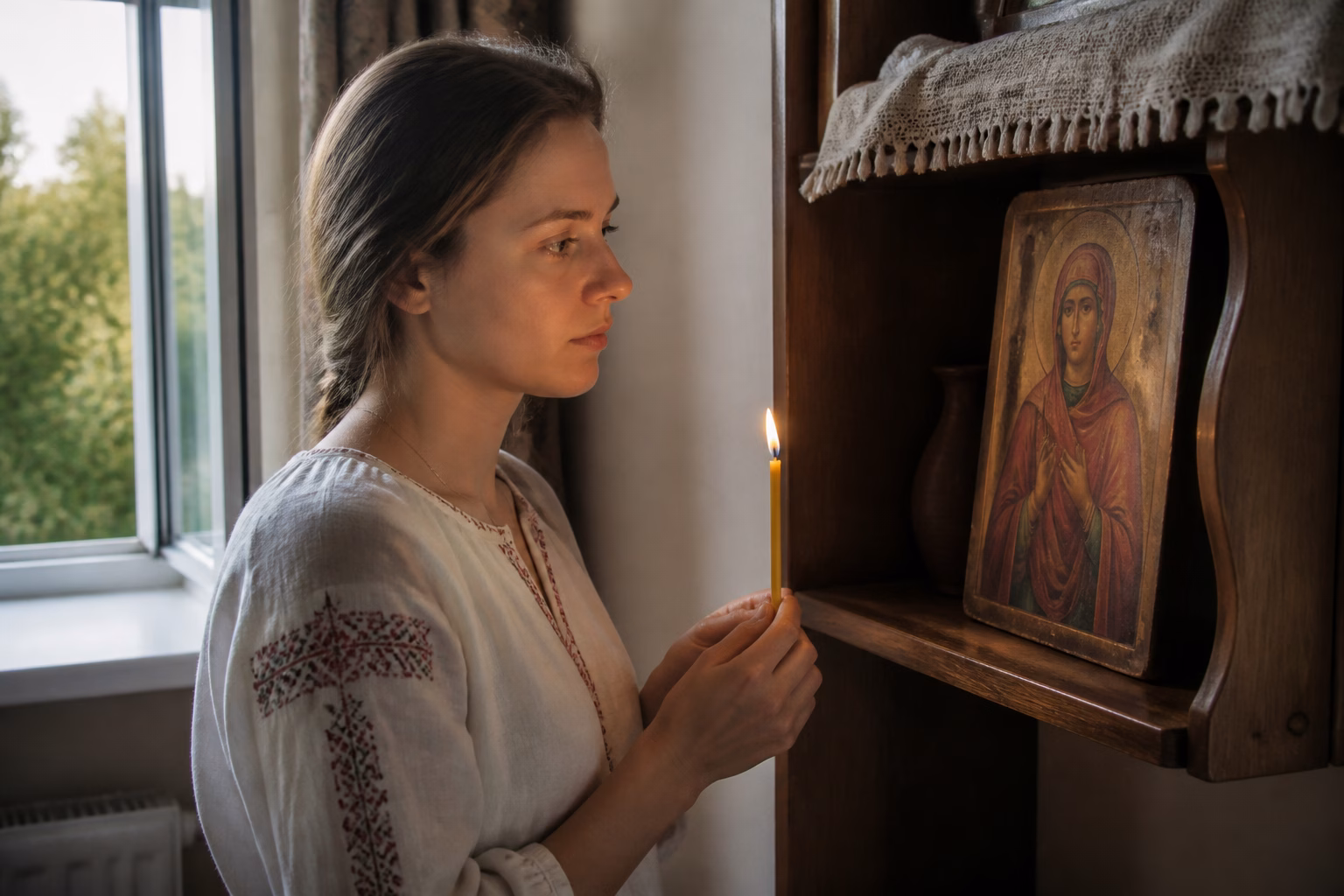 Жінка з іменем Анна тримає свічку біля ікони святої Анни в домашній обстановці