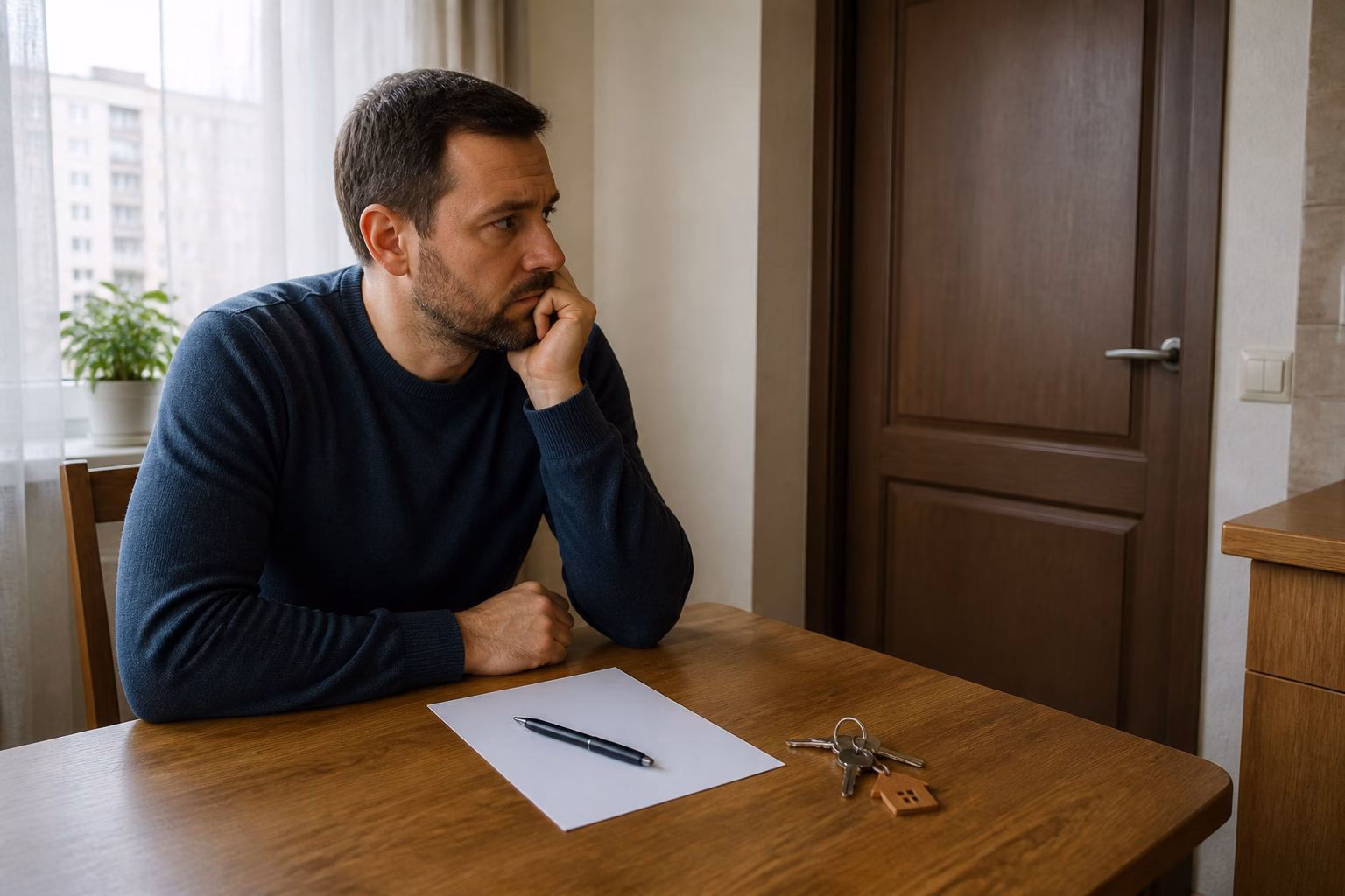 Власник квартири за столом з порожнім аркушем паперу, що символізує відсутність договору оренди