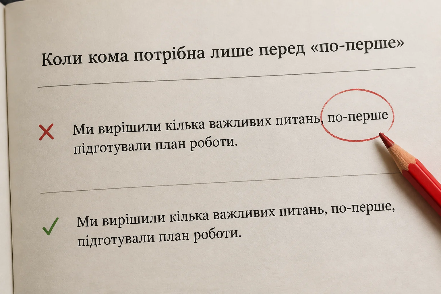 Два речення українською, де показано правильну кому перед «по-перше» без коми після