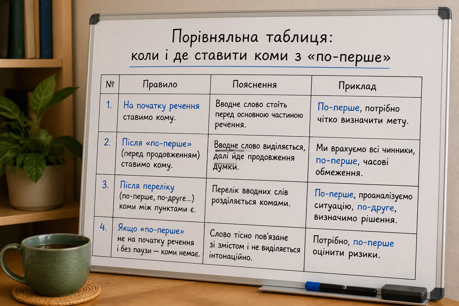 Порівняльна таблиця правил коми з «по-перше» на білій дошці