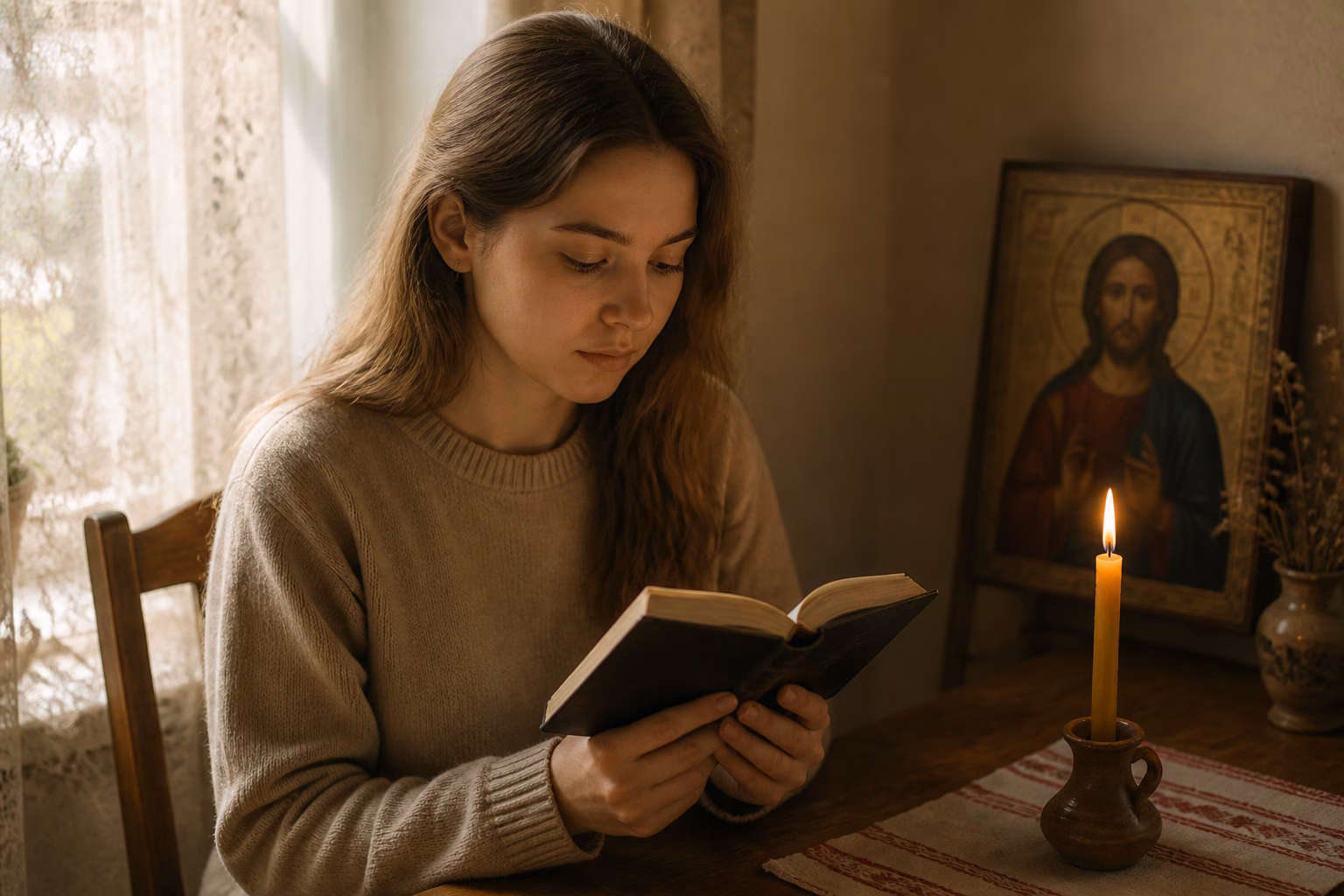 Жінка читає молитву перед іспитом у домашній обстановці зі свічкою та іконою