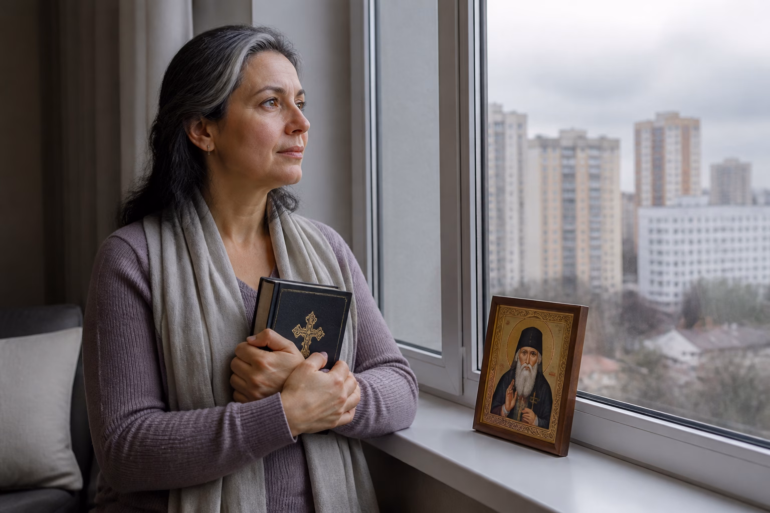 Жінка середнього віку з молитвословом біля ікони Серафима Саровського