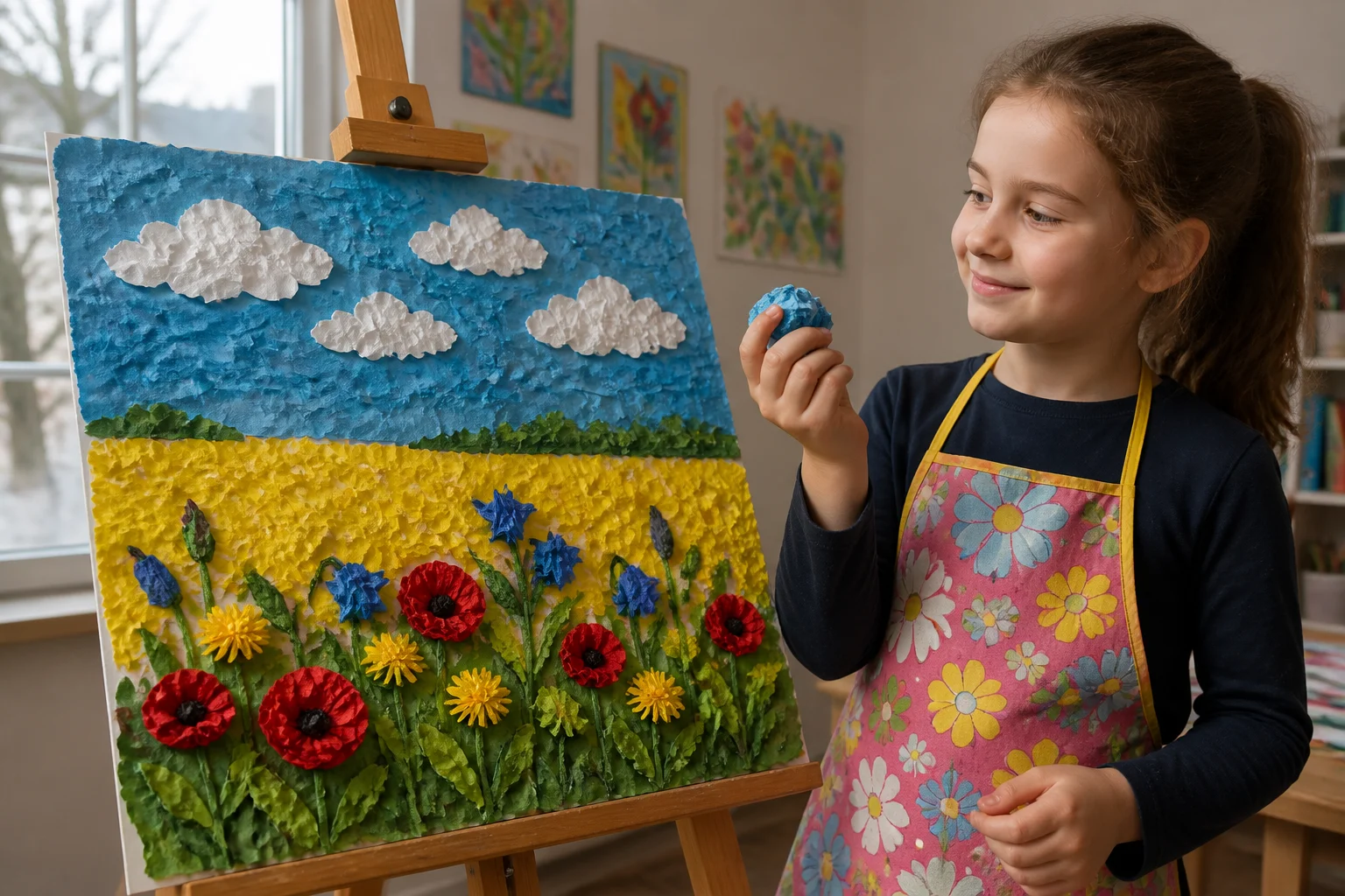 Весняний пейзаж на мольберті, створений м'ятим папером, поруч усміхнена дитина