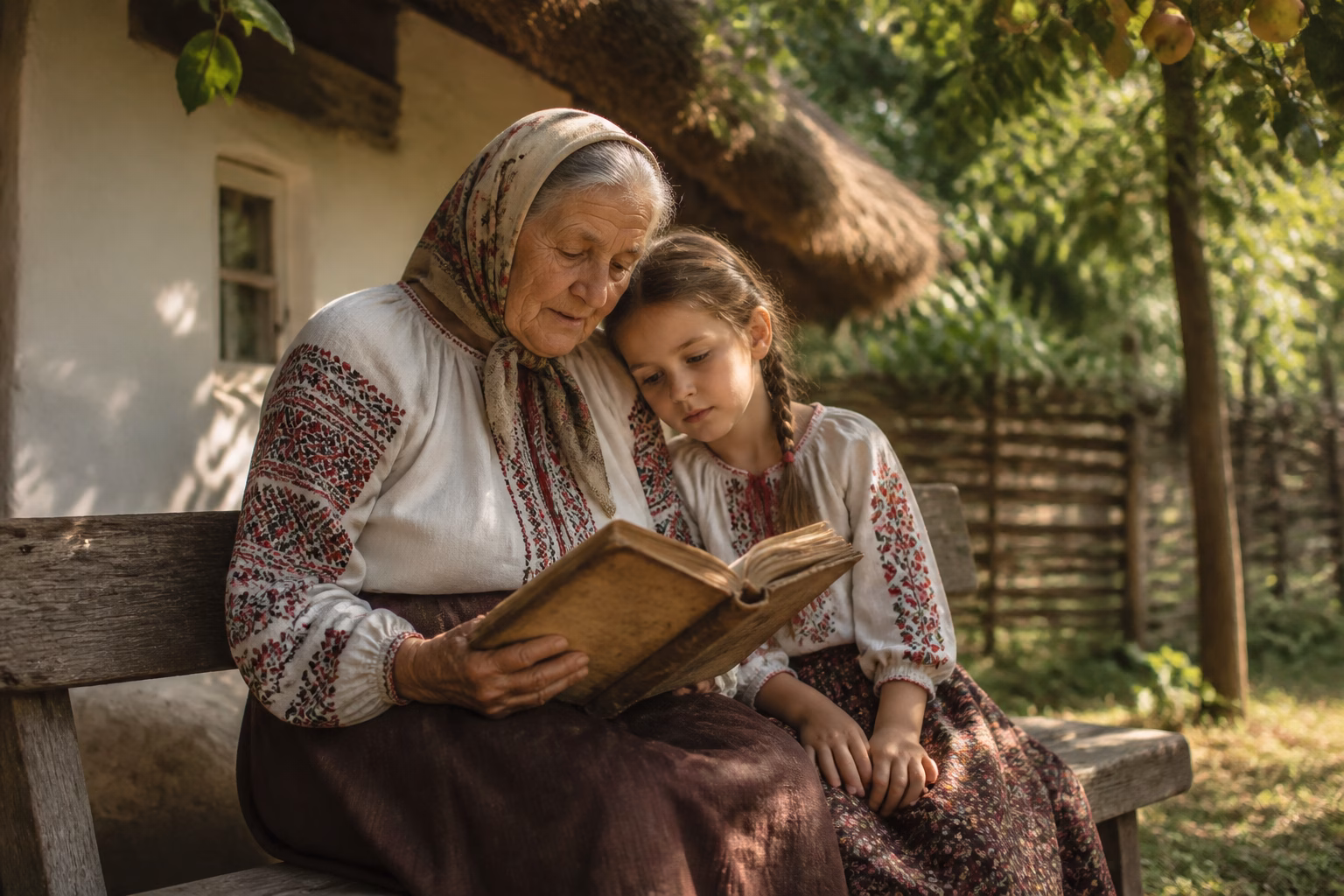 Бабуся читає онуці книгу прислів’їв на подвір’ї