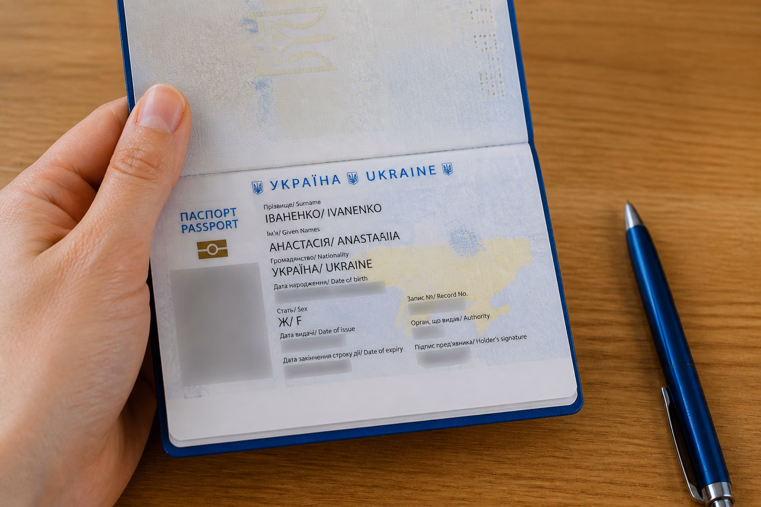 Рука тримає паспорт громадянина України з ім'ям Анастасія