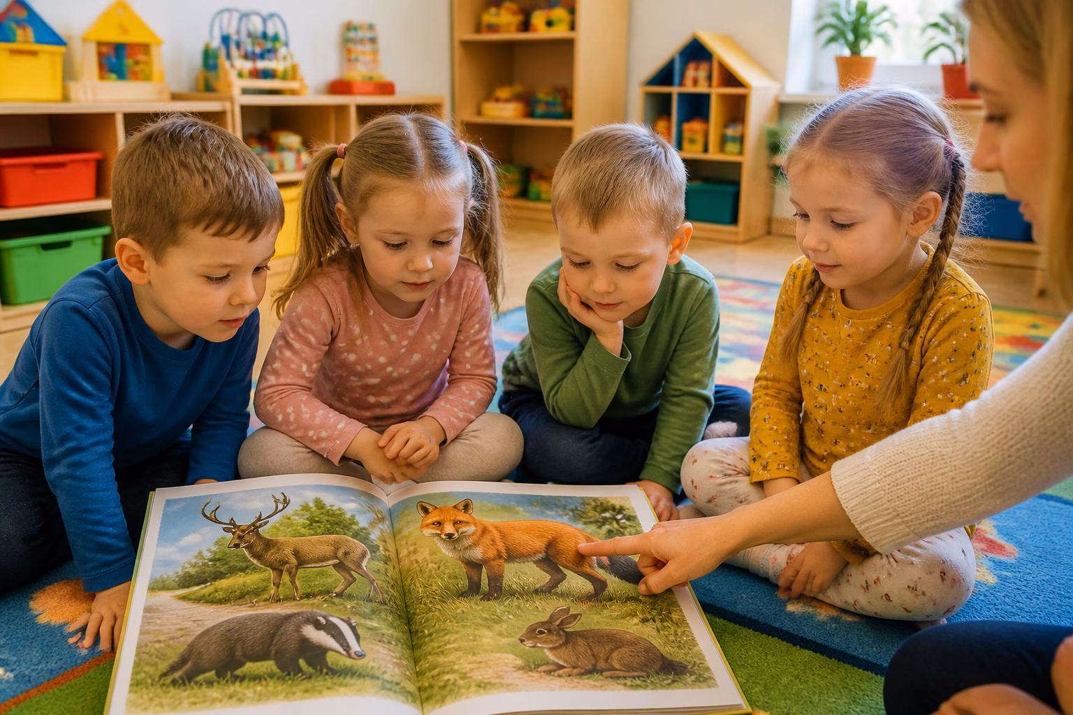Діти середньої групи розглядають книгу про тварин
