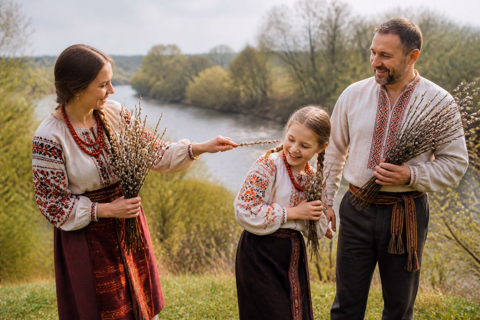 Родина на лузі біля річки: мати легенько б'є доньку вербовими гілками, поруч батько
