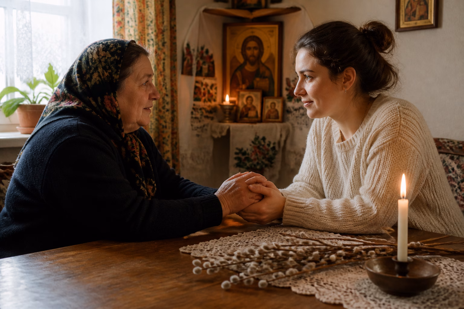 Дві жінки сидять за столом, тримаючись за руки, на столі свічка та вербові гілки