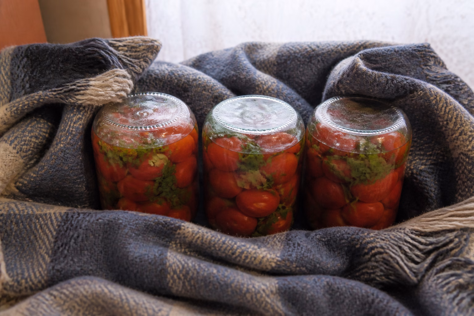 Банки з помідорами перевернуті догори дном і вкутані в ковдру