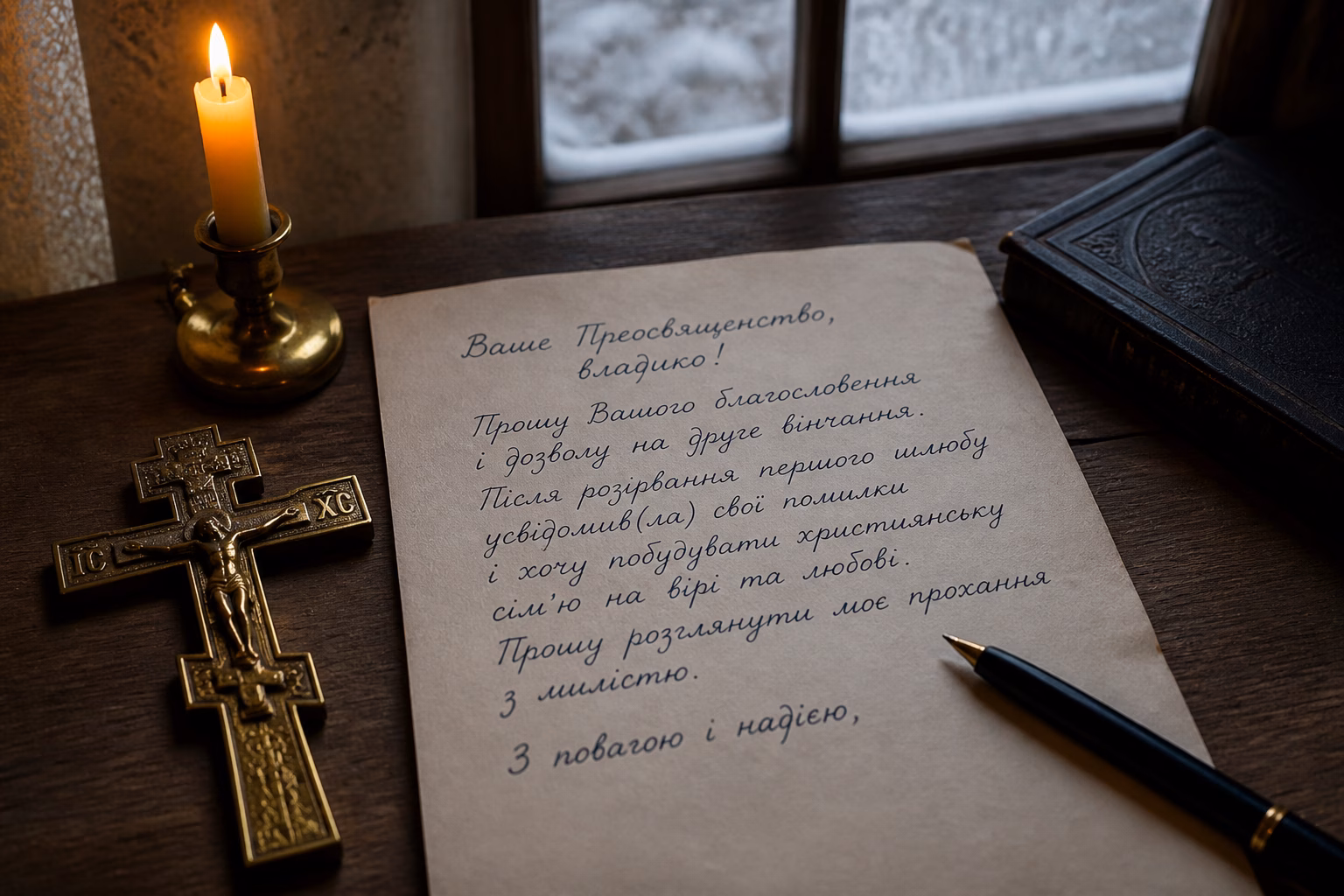 Рука пише прохання на ім'я архієрея, поруч свічка та хрест