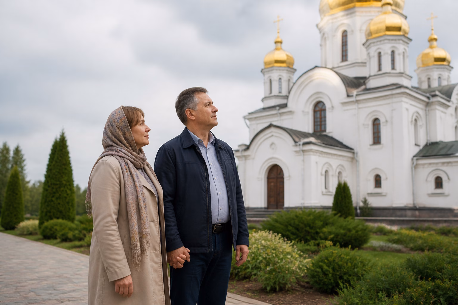 Пара стоїть біля входу до церкви, тримаючись за руки