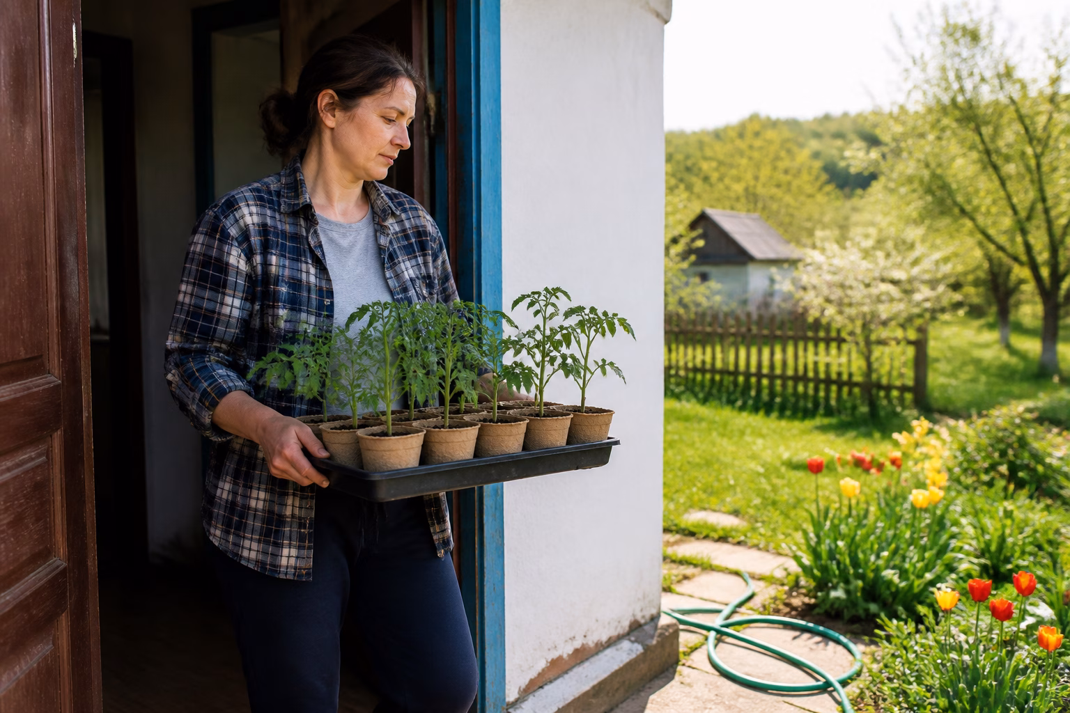 Жінка виносить розсаду помідорів на вулицю для загартування