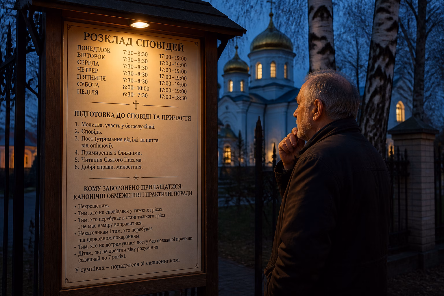 Дошка оголошень біля церкви з правилами підготовки до Причастя