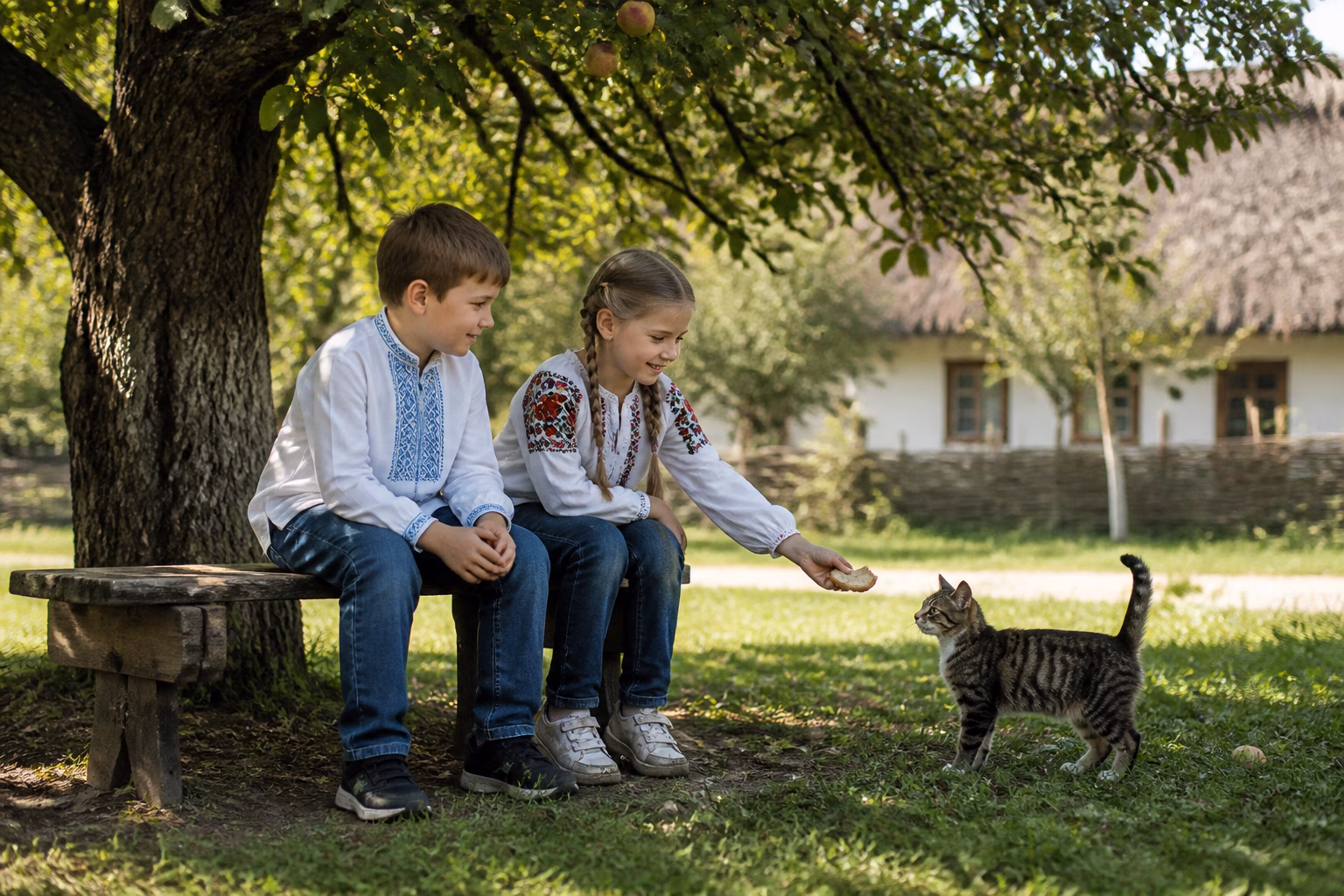 Діти годують кота в саду