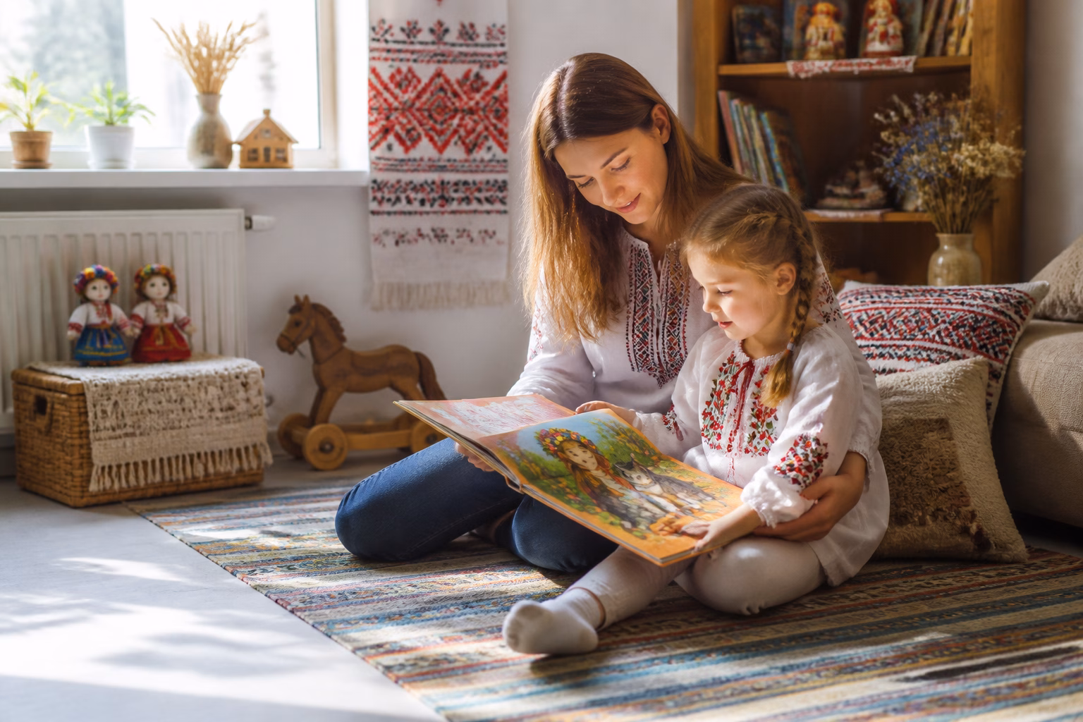 Мати з донькою читають книгу з прислів’ями