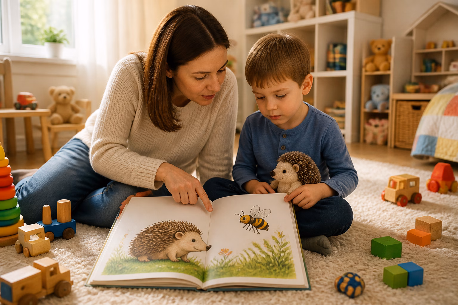 Мама з маленьким сином розглядають книгу з ілюстраціями до прислів'їв
