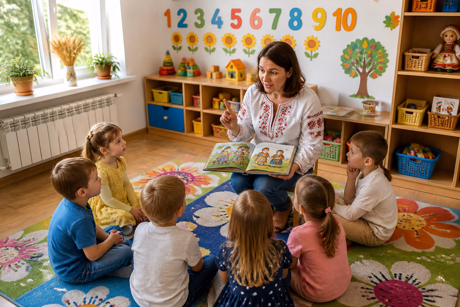 Вихователька читає дітям у дитячому садку книгу з прислів’ями