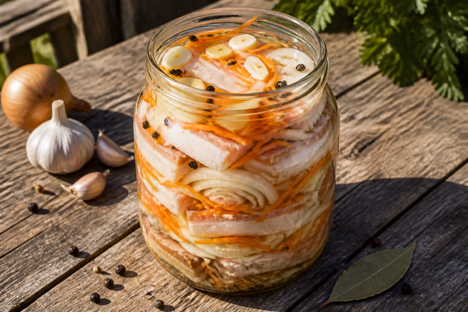 Банка з маринованим салом, цибулею та морквою