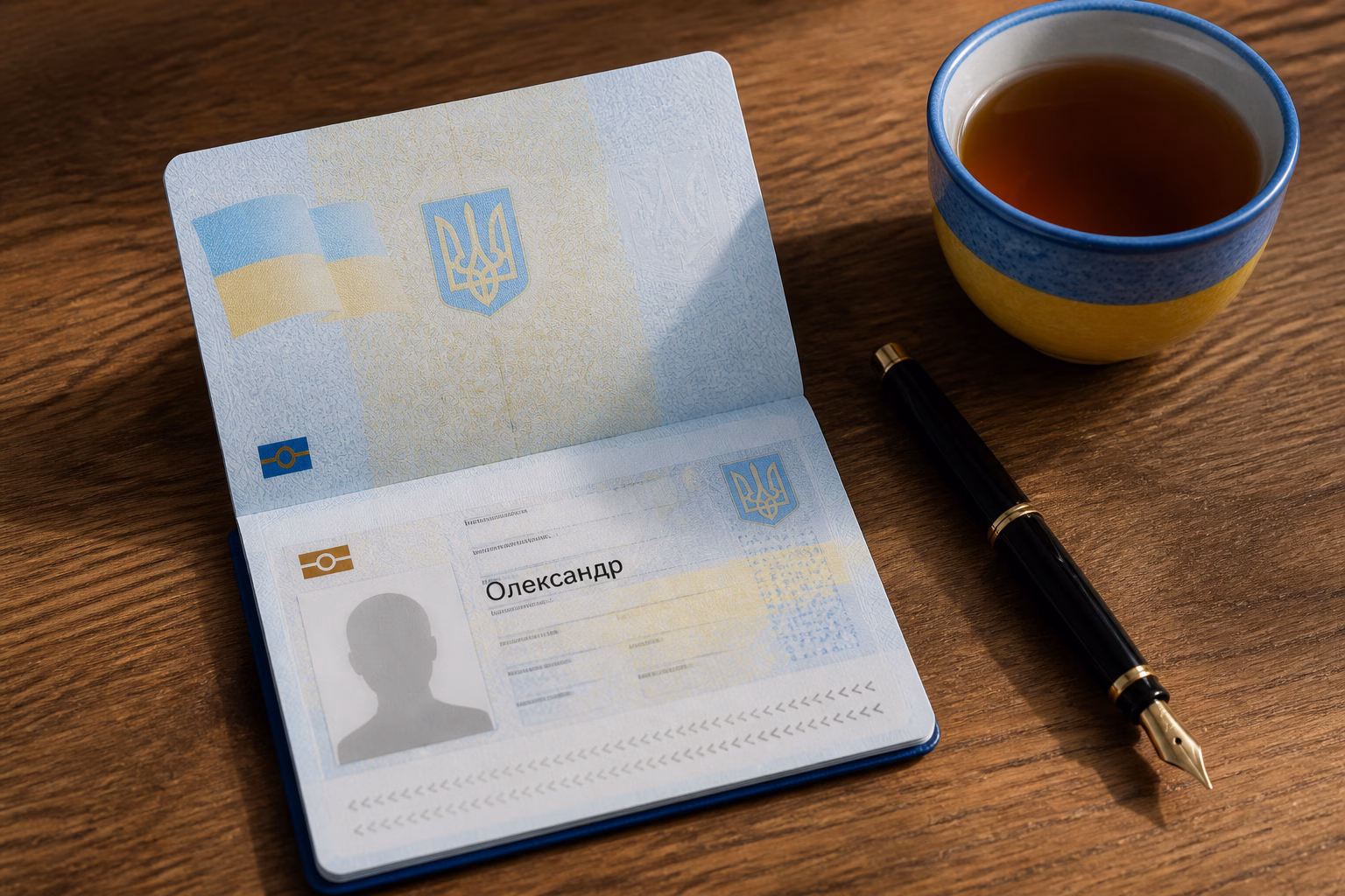 Відкритий український біометричний паспорт з ім’ям Олександр, поруч ручка та чашка чаю