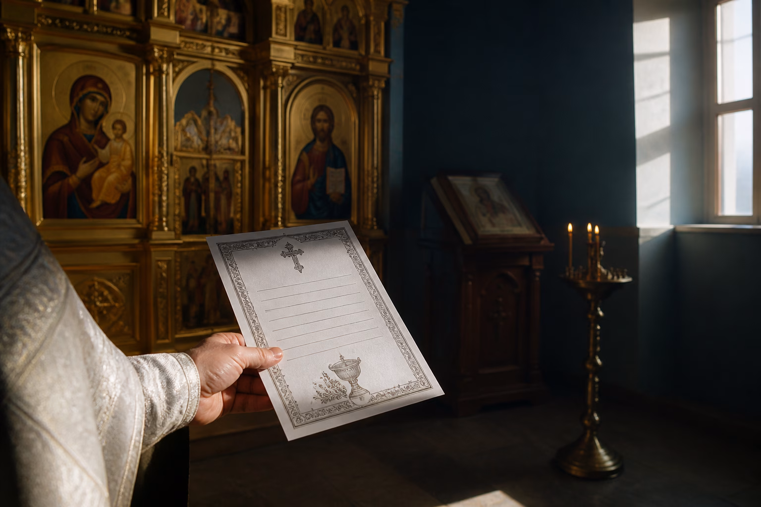 Інтер'єр православної церкви з іконостасом та свідоцтвом про хрещення