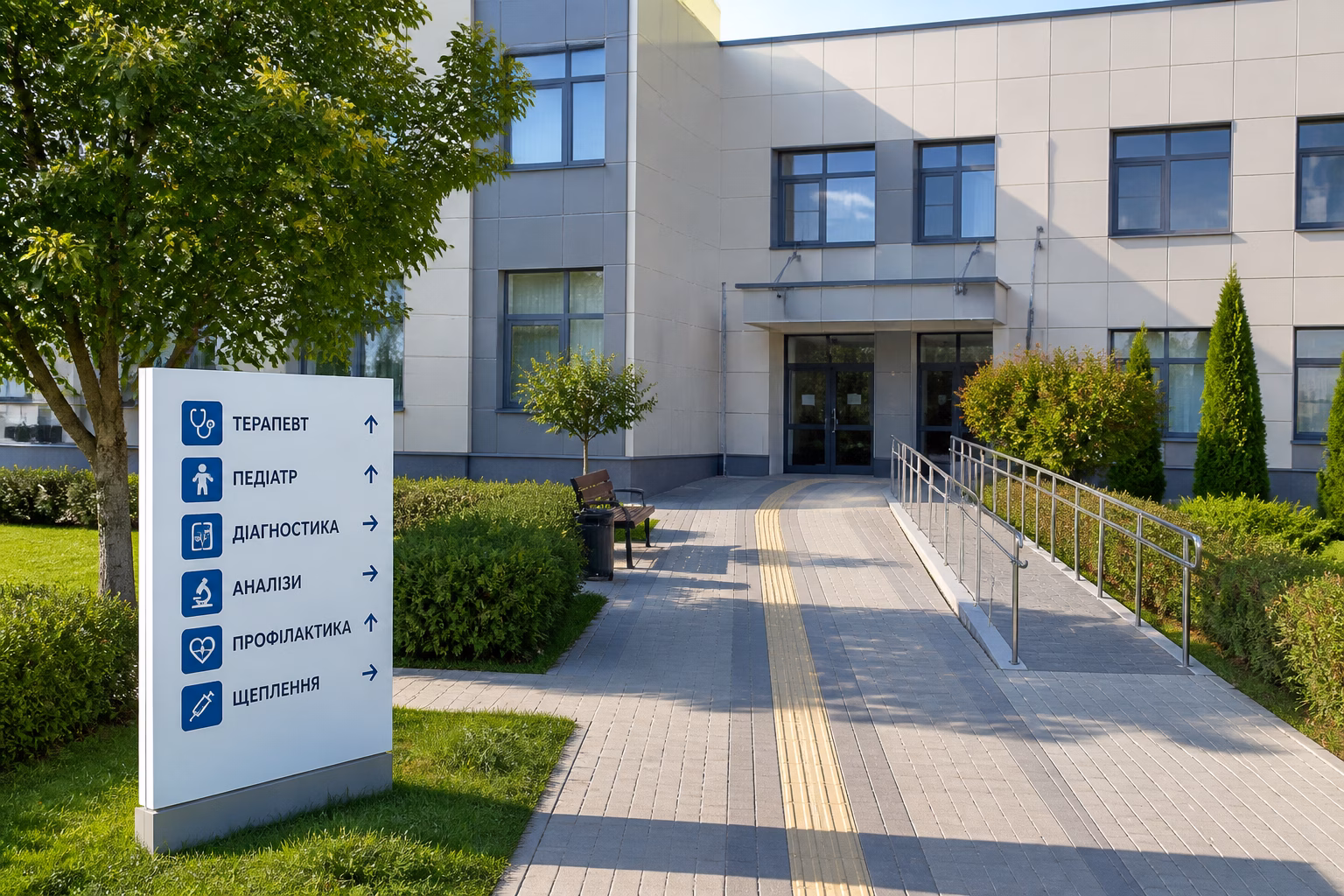Будівля сучасної української поліклініки з входом для пацієнтів