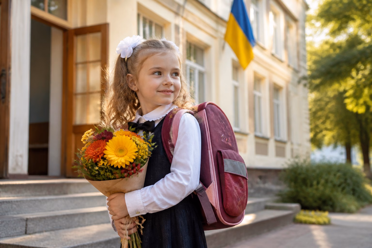 Усміхнений першокласник із квітами біля школи на 1 вересня