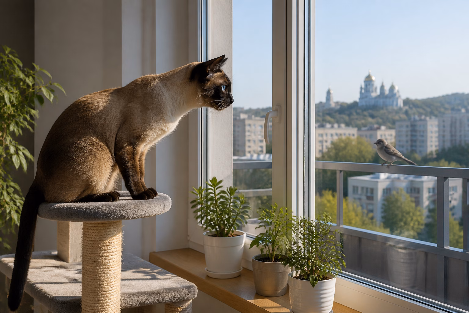 Сіамська кішка сидить на котячому дереві біля вікна