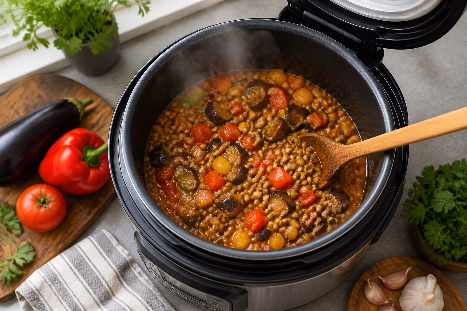 Тушкована сочевиця з овочами в чаші мультиварки