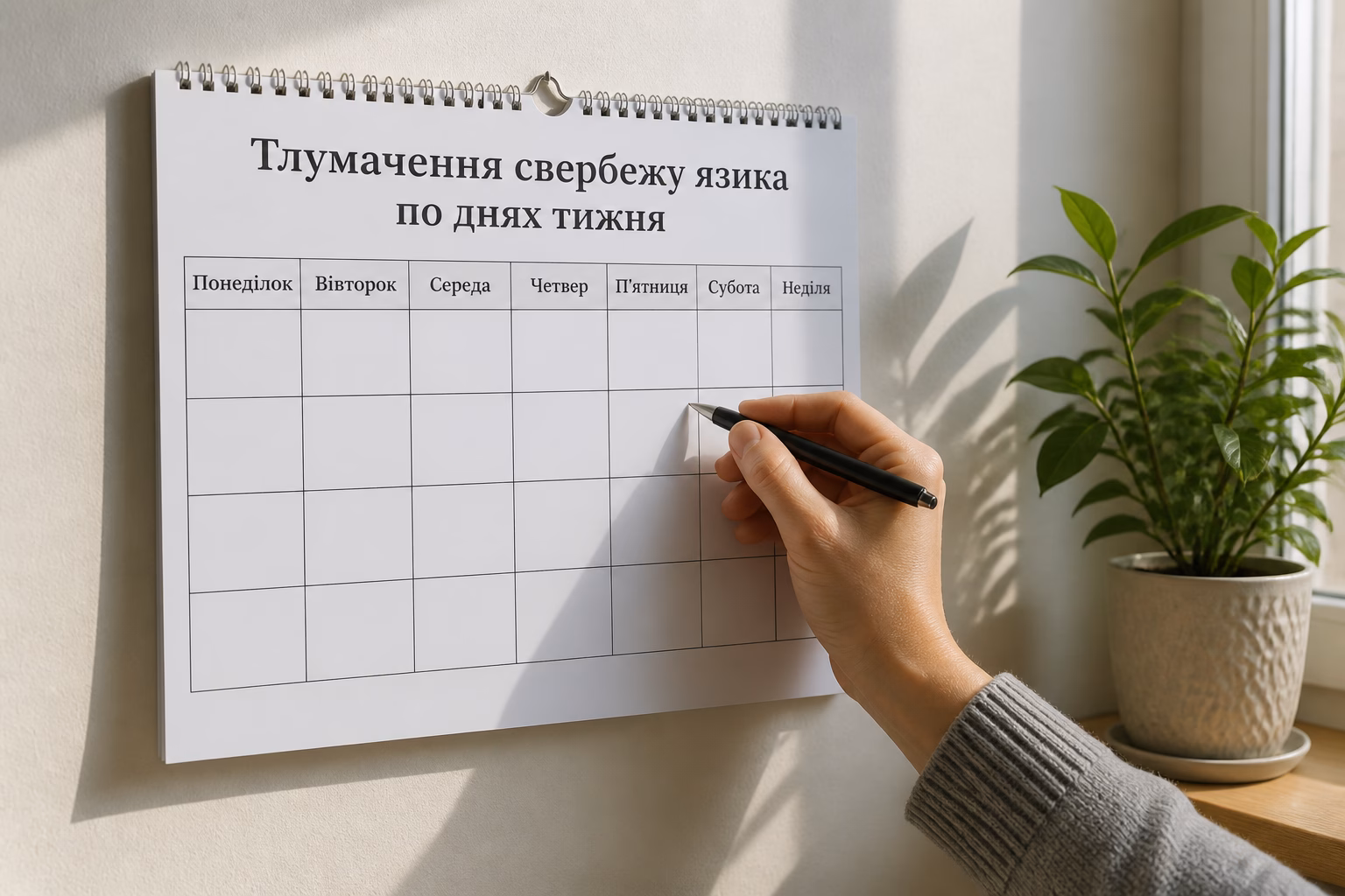 Календар із днями тижня та рука з ручкою, що символізує тлумачення прикмет