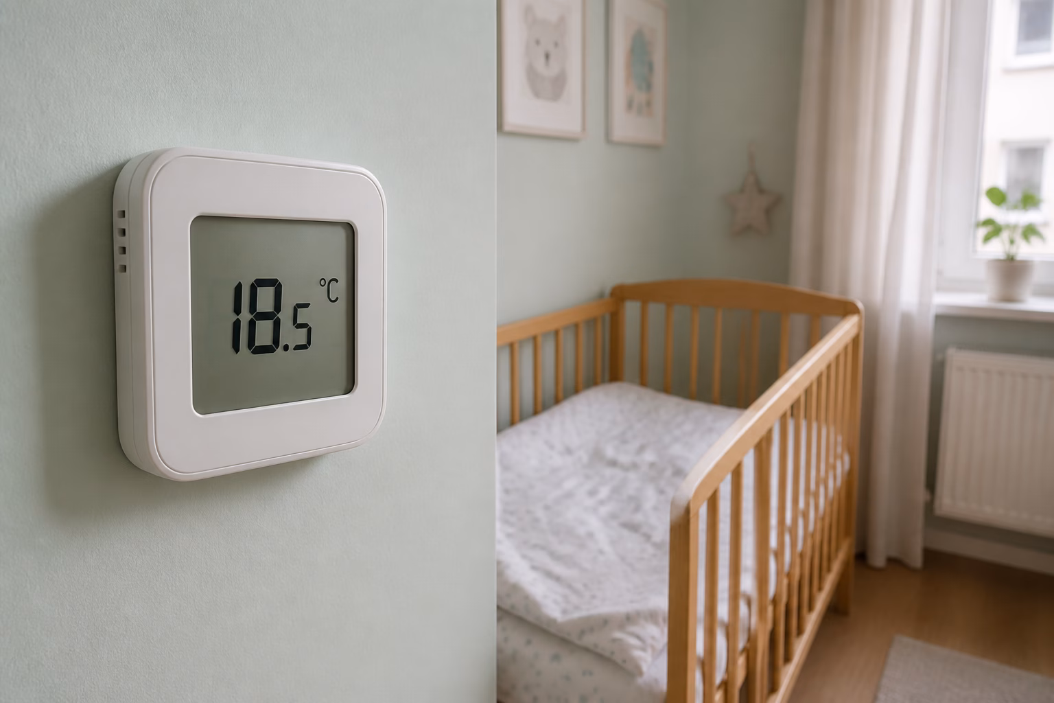Кімнатний термометр показує 18.5 °C у дитячій кімнаті з ліжечком