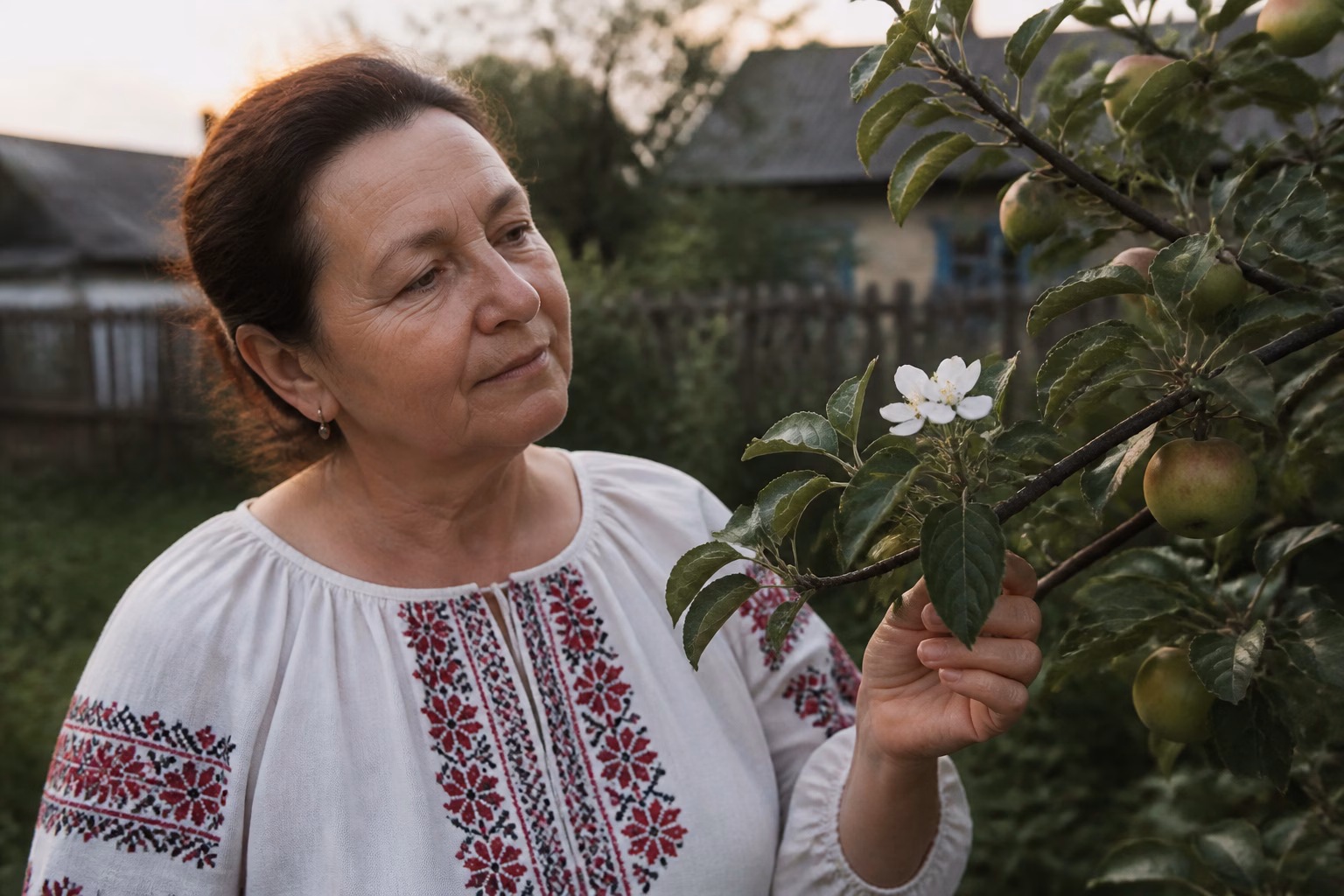 Жінка в українському саду дивиться на цвіт яблуні в кінці літа