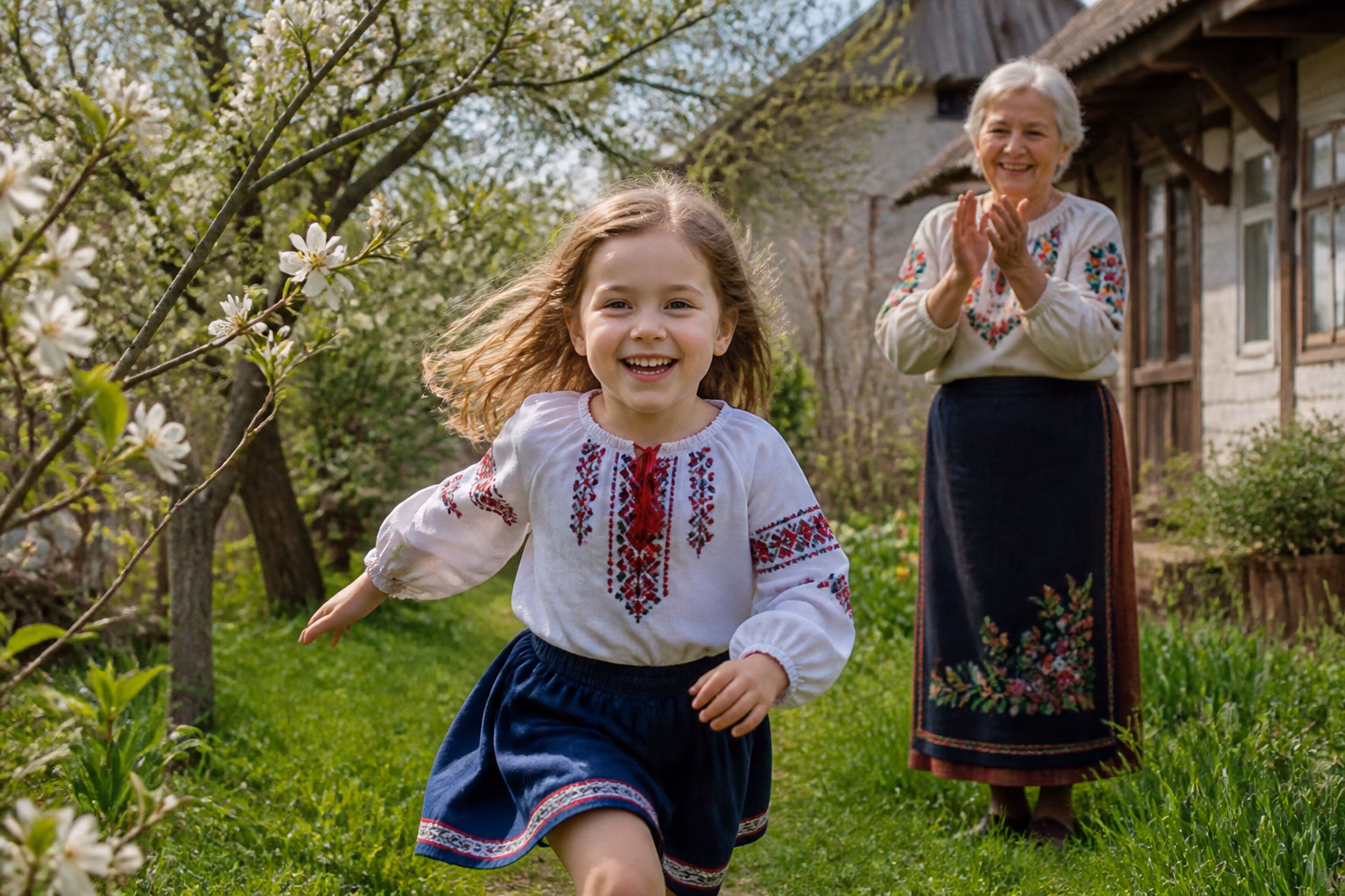 Дівчинка Варя в українському саду, бабуся кличе її на ім'я