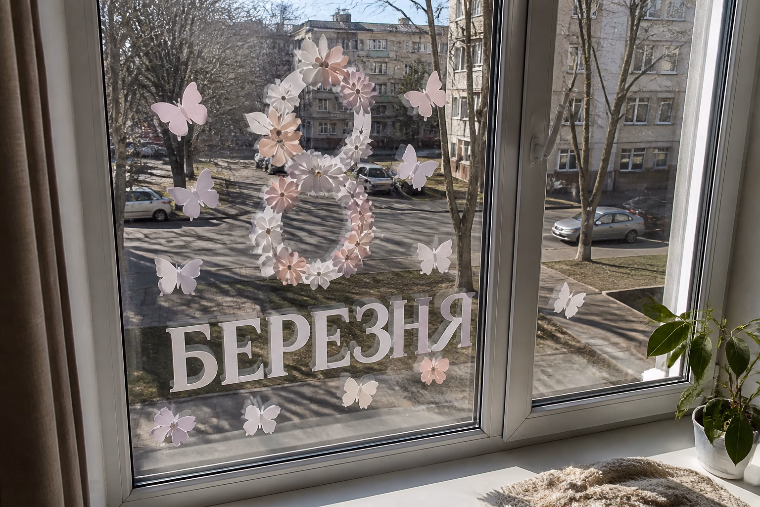 Вікно з витинанками напису 8 БЕРЕЗНЯ та квітами