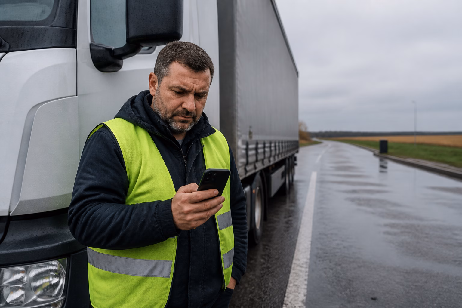 Далекобійник зі смартфоном біля вантажівки на трасі, що уособлює вплив системи «Платон»